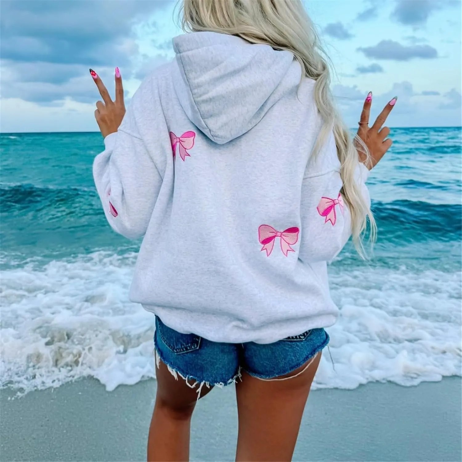 Women Embroidered Hoodies Y2K Long Sleeve Hooded Cute Preppy Fleece Pullover Sweatshirts with Pockets