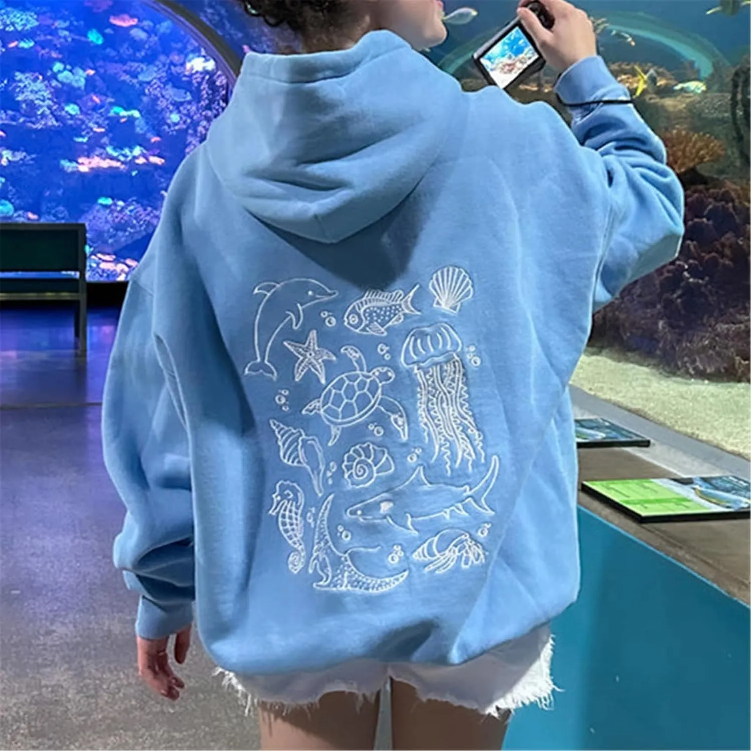 Women Embroidered Hoodies Y2K Long Sleeve Hooded Cute Preppy Fleece Pullover Sweatshirts with Pockets