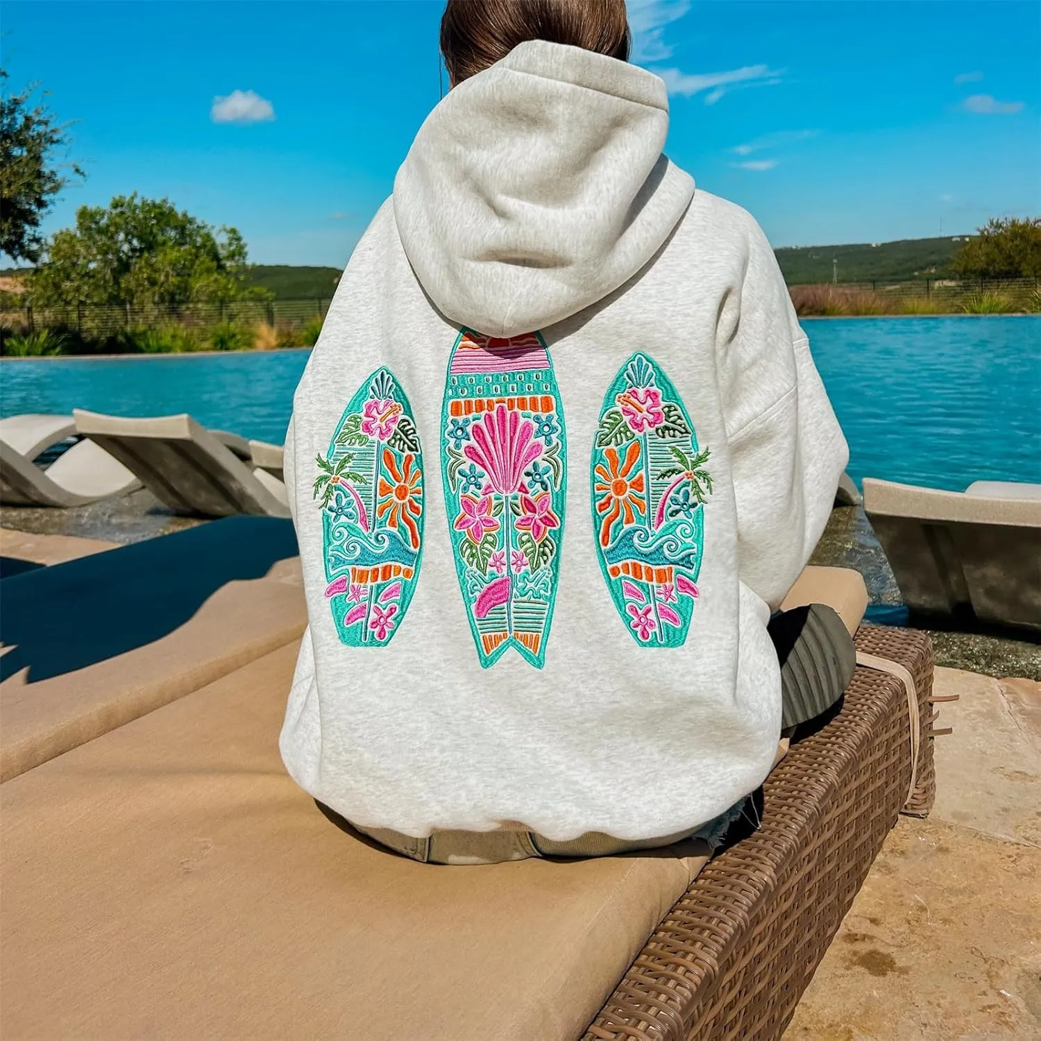 Women Embroidered Hoodies Y2K Long Sleeve Hooded Cute Preppy Fleece Pullover Sweatshirts with Pockets