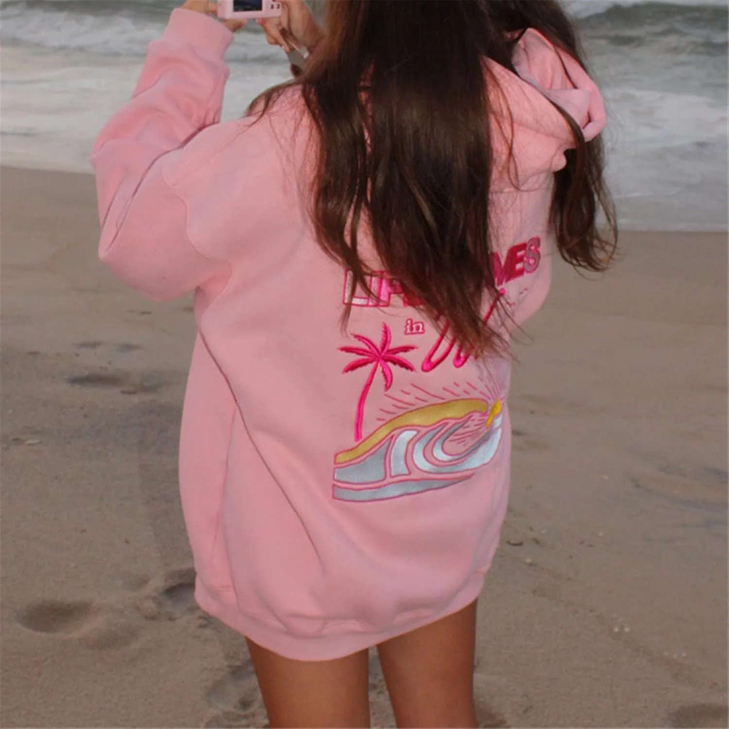 Women Embroidered Hoodies Y2K Long Sleeve Hooded Cute Preppy Fleece Pullover Sweatshirts with Pockets