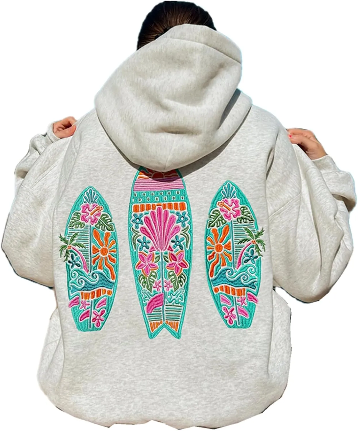 Women Embroidered Hoodies Y2K Long Sleeve Hooded Cute Preppy Fleece Pullover Sweatshirts with Pockets
