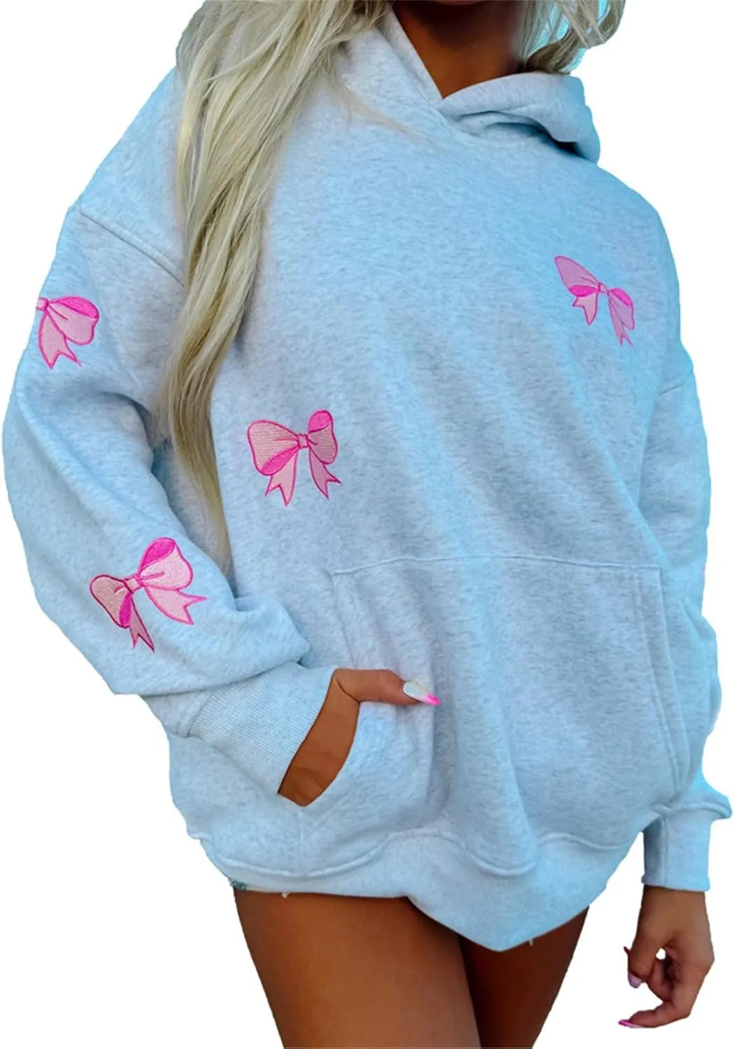 Women Embroidered Hoodies Y2K Long Sleeve Hooded Cute Preppy Fleece Pullover Sweatshirts with Pockets