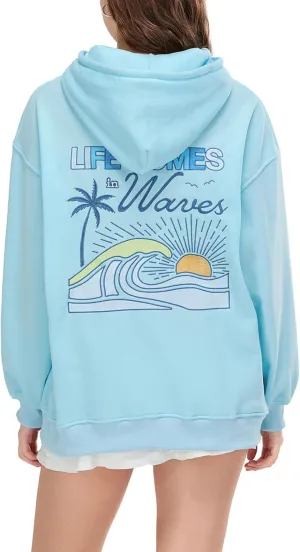 Women Embroidered Hoodies Y2K Long Sleeve Hooded Cute Preppy Fleece Pullover Sweatshirts with Pockets