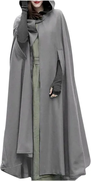 Women Hooded Wool Blend Maxi Long Cape Poncho Maxi Cloak Coat Fall Winter Trench Coat Robe Gothic Plus Size Clothes