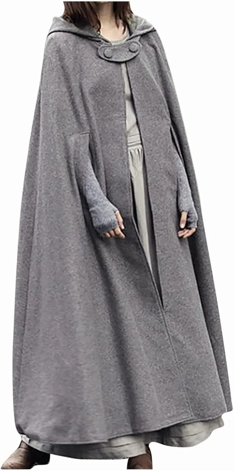 Women Hooded Wool Blend Maxi Long Cape Poncho Maxi Cloak Coat Fall Winter Trench Coat Robe Gothic Plus Size Clothes