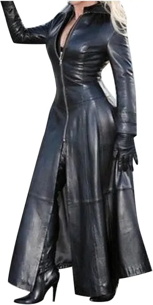 Women Leather Jacket 2024 Long Sleeve Overcoat Dress Zipper Leather Long Coats Lapel Collar Outerwear Winter