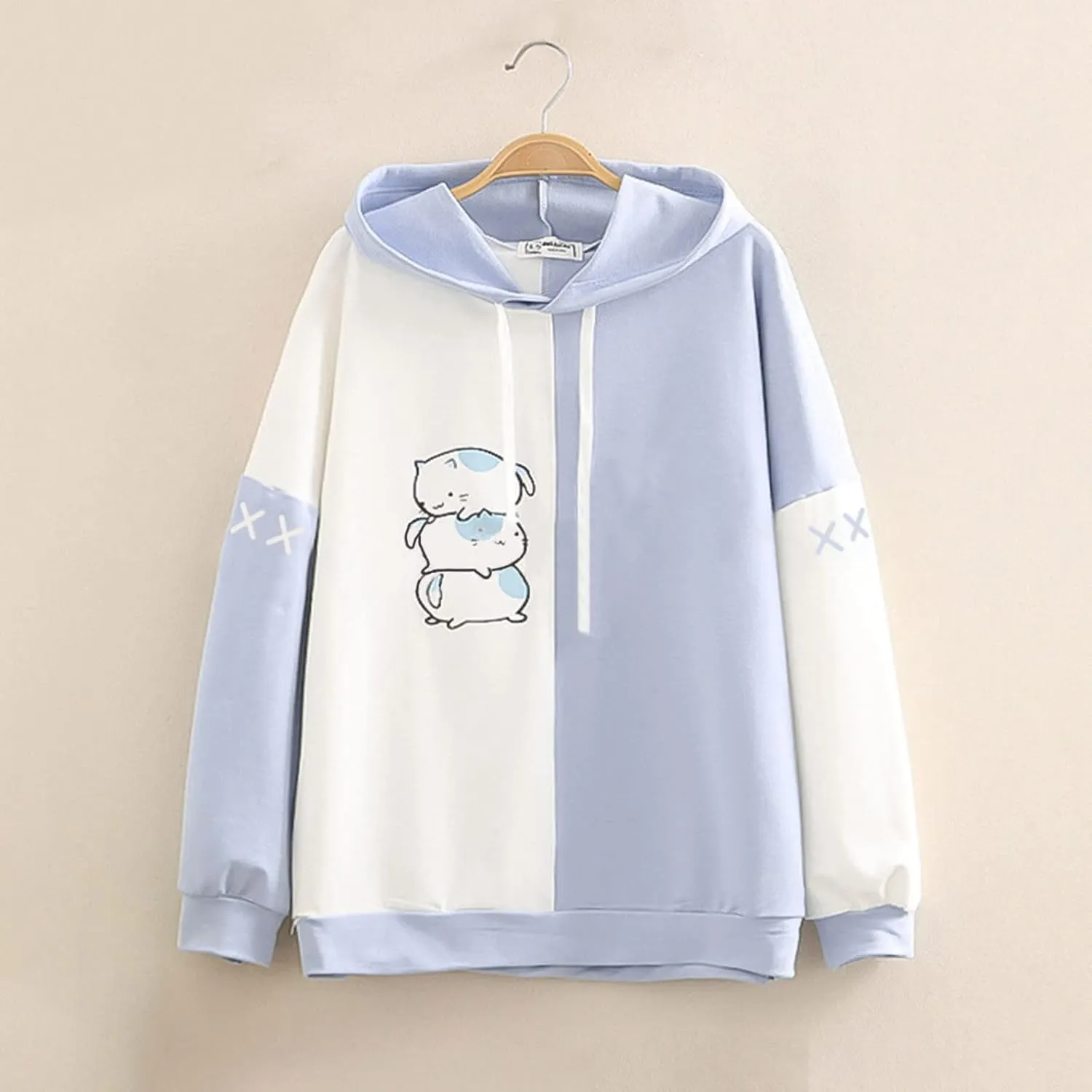 Women Long Sleeve Hoodies Kawaii Cartoon Cute Cat Graphic Color Block Hooded Sweatshirt Top Oversized Casual Pullover