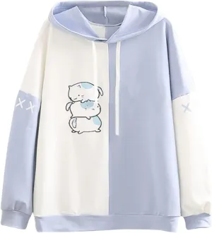 Women Long Sleeve Hoodies Kawaii Cartoon Cute Cat Graphic Color Block Hooded Sweatshirt Top Oversized Casual Pullover