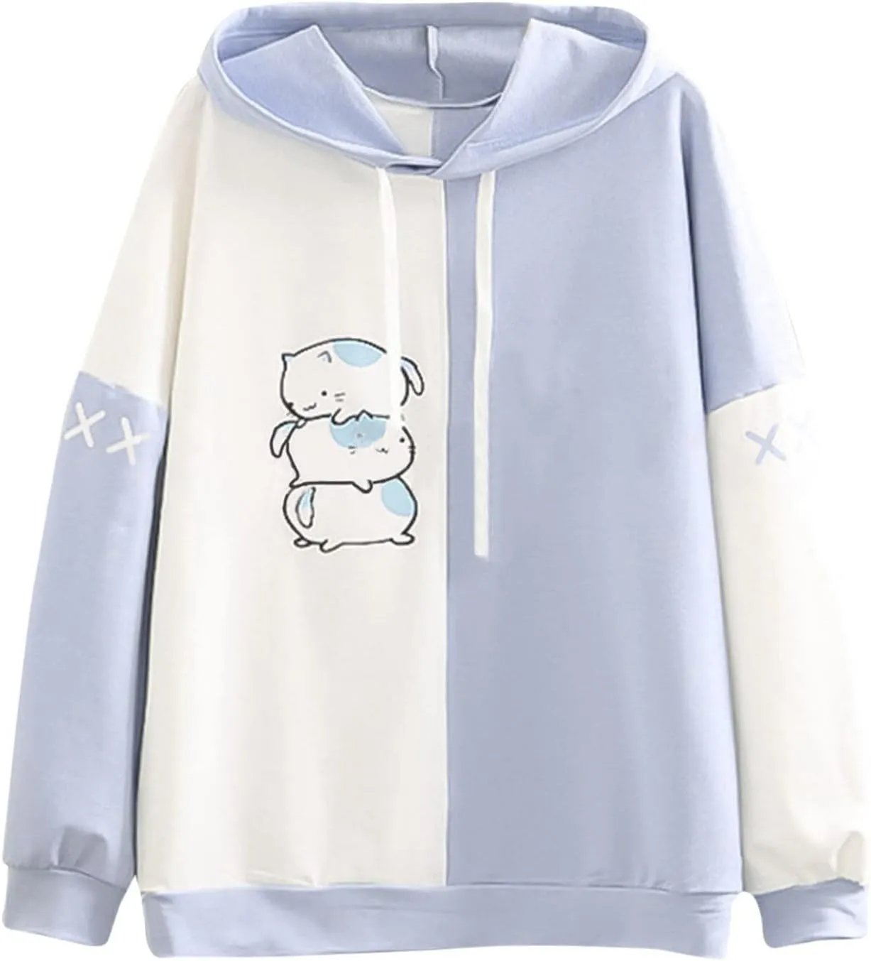 Women Long Sleeve Hoodies Kawaii Cartoon Cute Cat Graphic Color Block Hooded Sweatshirt Top Oversized Casual Pullover