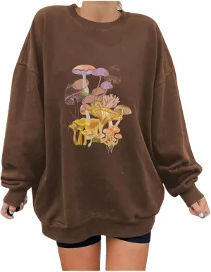 Women Oversized Y2k Sweatshirt Long Sleeve Crewneck Mushroom Graphic Fall Tops Trendy Plus Size Pullover Comfy Shirts