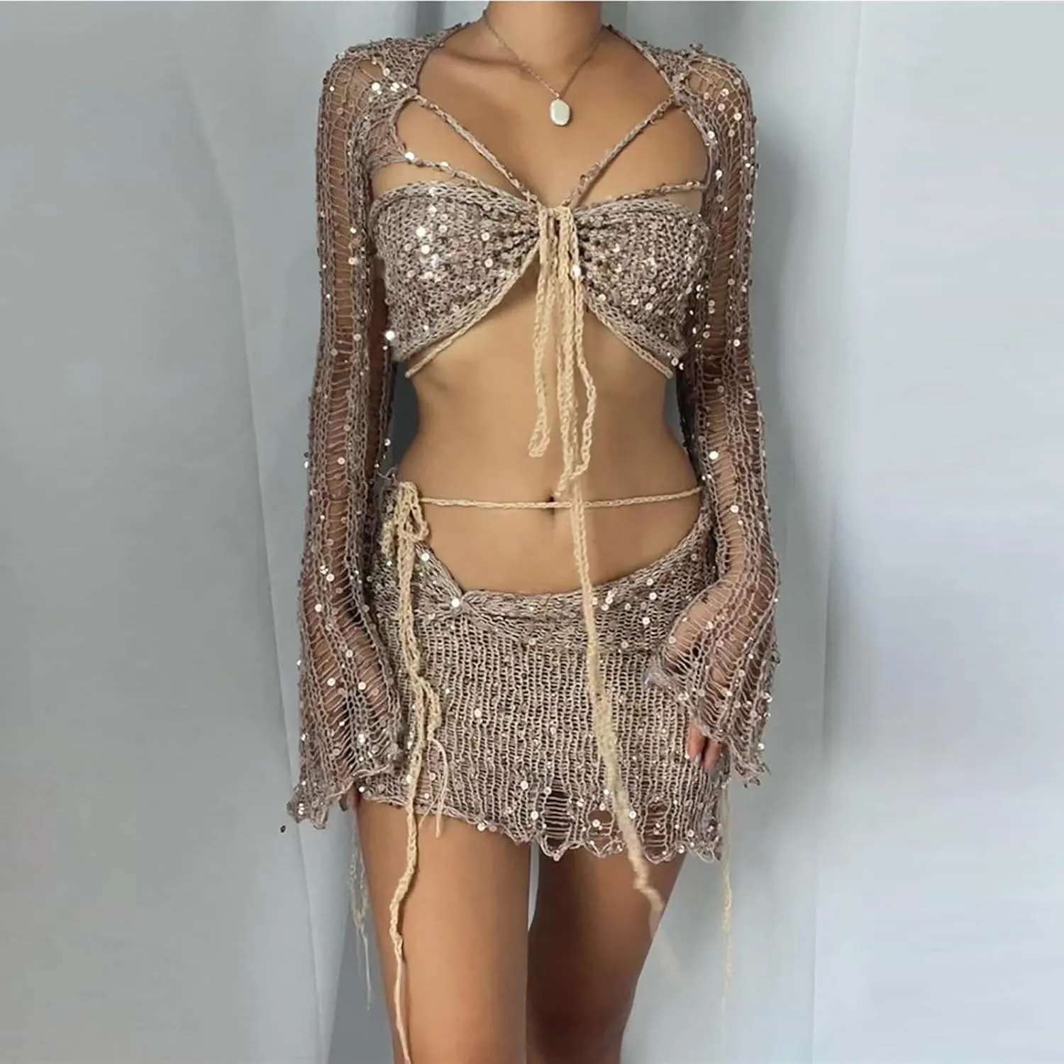 Women Sequin Skirt And Crochet Tops Set Y2k Knitted Mesh Crop Tops Sexy Sparkle Mini Short Skirt 2 Piece Outfits