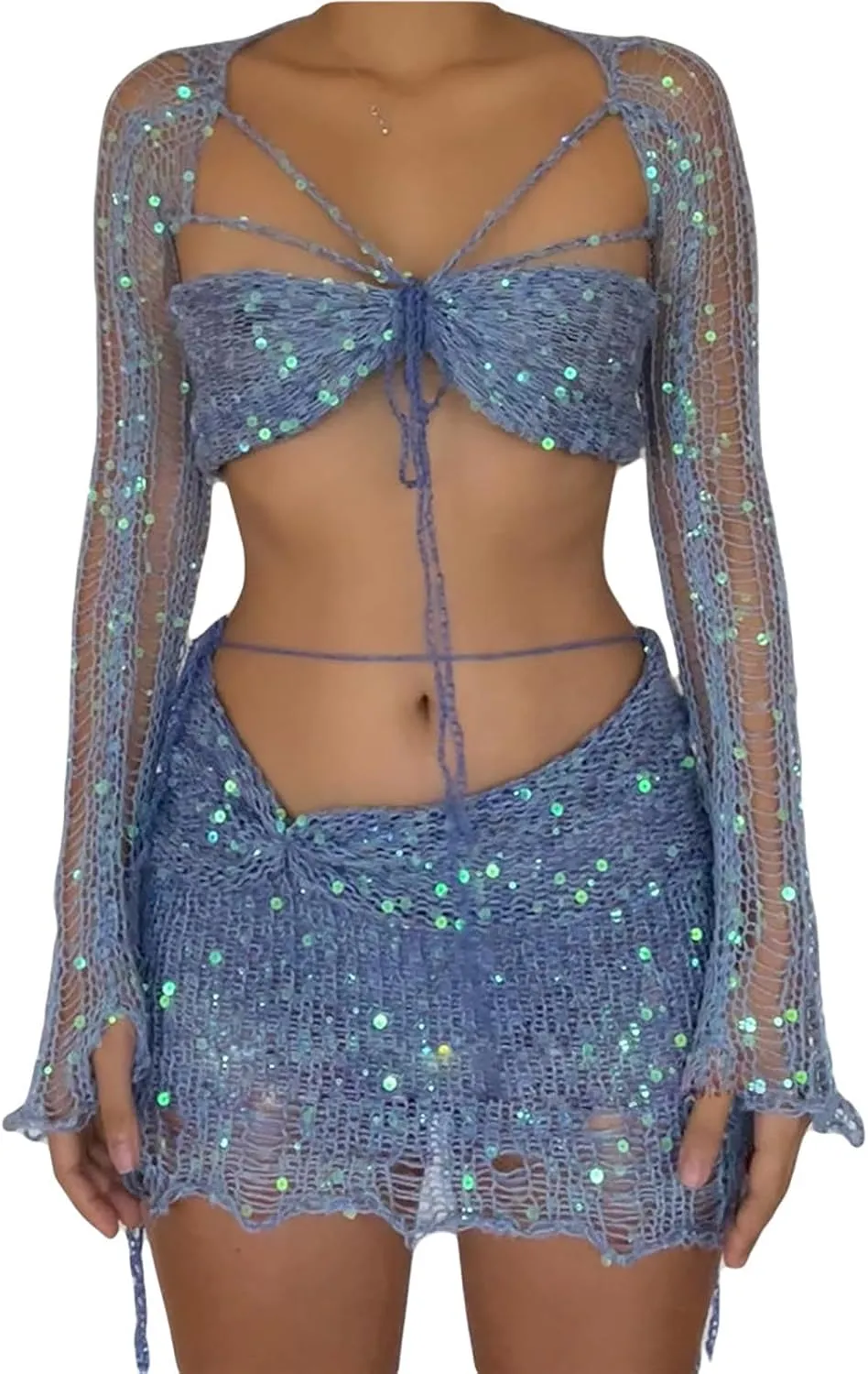 Women Sequin Skirt And Crochet Tops Set Y2k Knitted Mesh Crop Tops Sexy Sparkle Mini Short Skirt 2 Piece Outfits