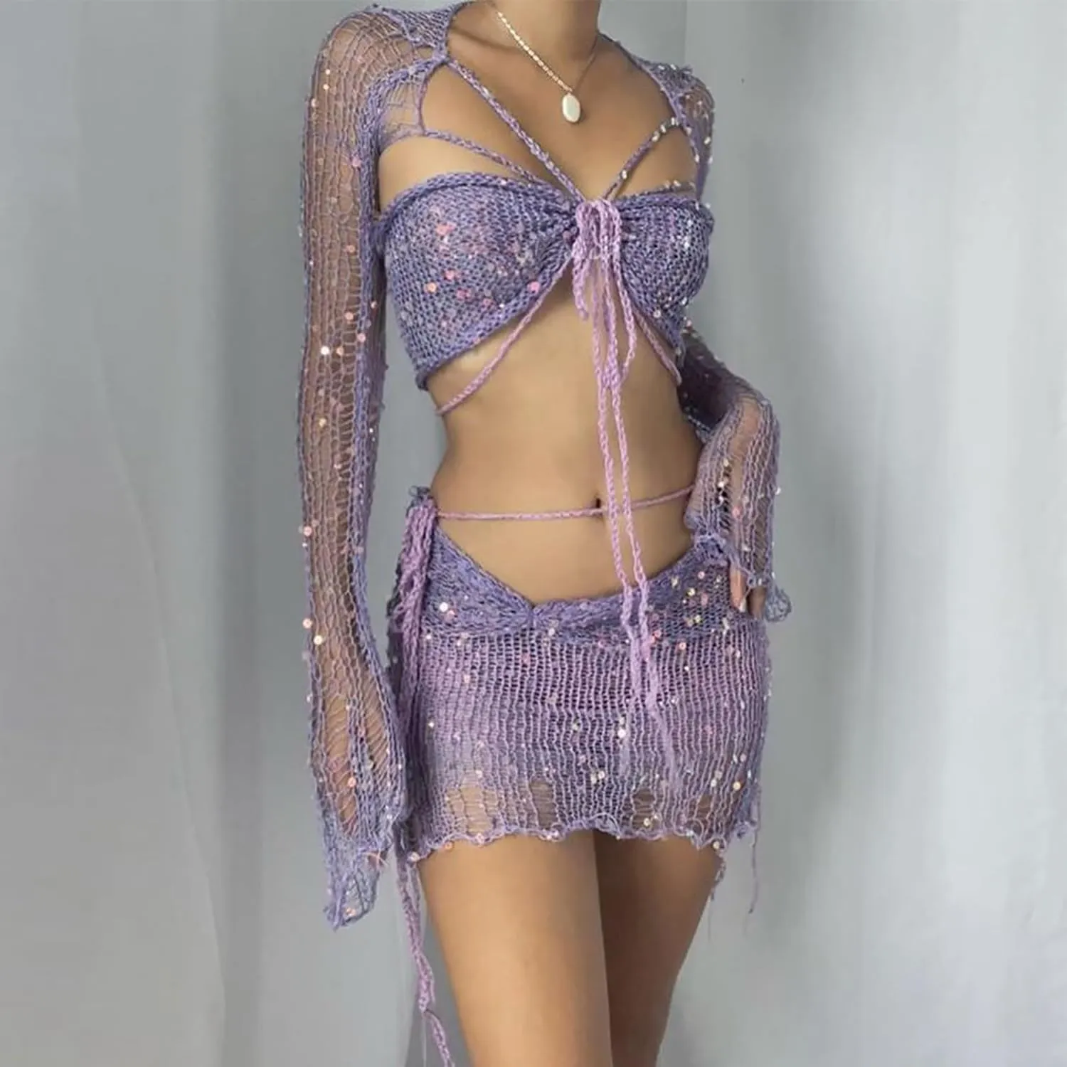 Women Sequin Skirt And Crochet Tops Set Y2k Knitted Mesh Crop Tops Sexy Sparkle Mini Short Skirt 2 Piece Outfits