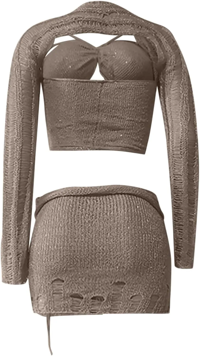 Women Sequin Skirt And Crochet Tops Set Y2k Knitted Mesh Crop Tops Sexy Sparkle Mini Short Skirt 2 Piece Outfits