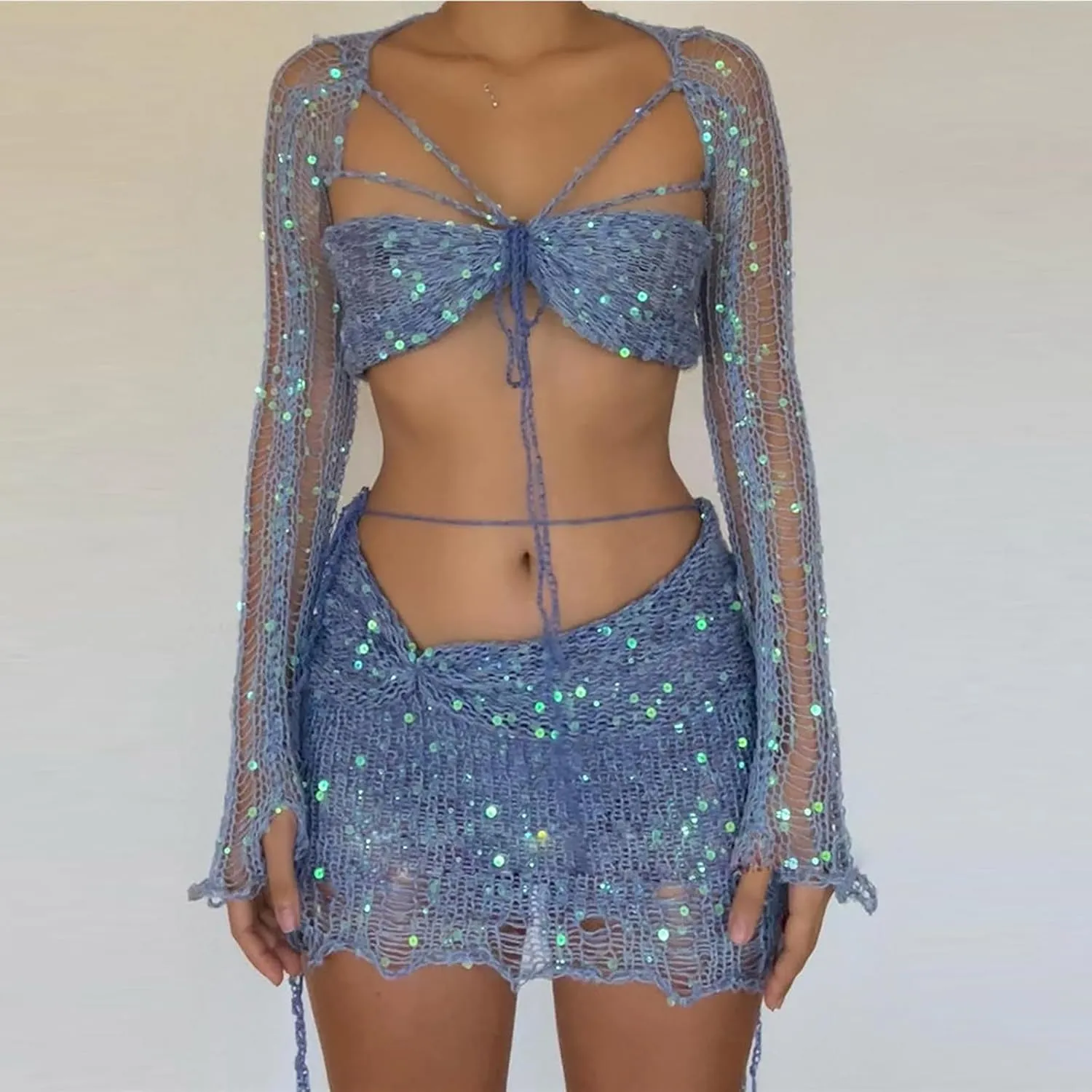 Women Sequin Skirt And Crochet Tops Set Y2k Knitted Mesh Crop Tops Sexy Sparkle Mini Short Skirt 2 Piece Outfits