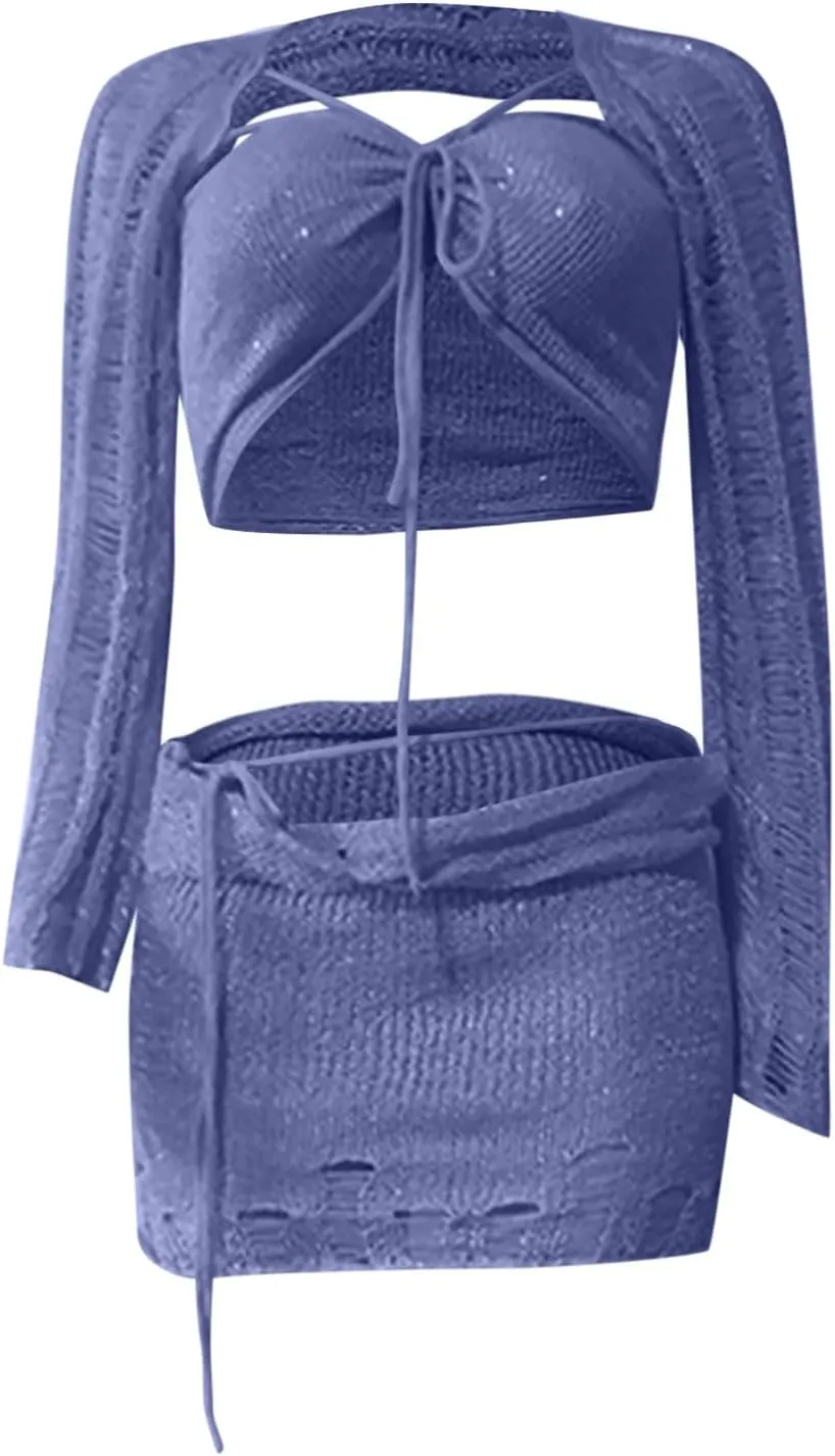Women Sequin Skirt And Crochet Tops Set Y2k Knitted Mesh Crop Tops Sexy Sparkle Mini Short Skirt 2 Piece Outfits