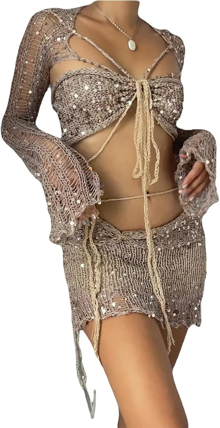 Women Sequin Skirt And Crochet Tops Set Y2k Knitted Mesh Crop Tops Sexy Sparkle Mini Short Skirt 2 Piece Outfits