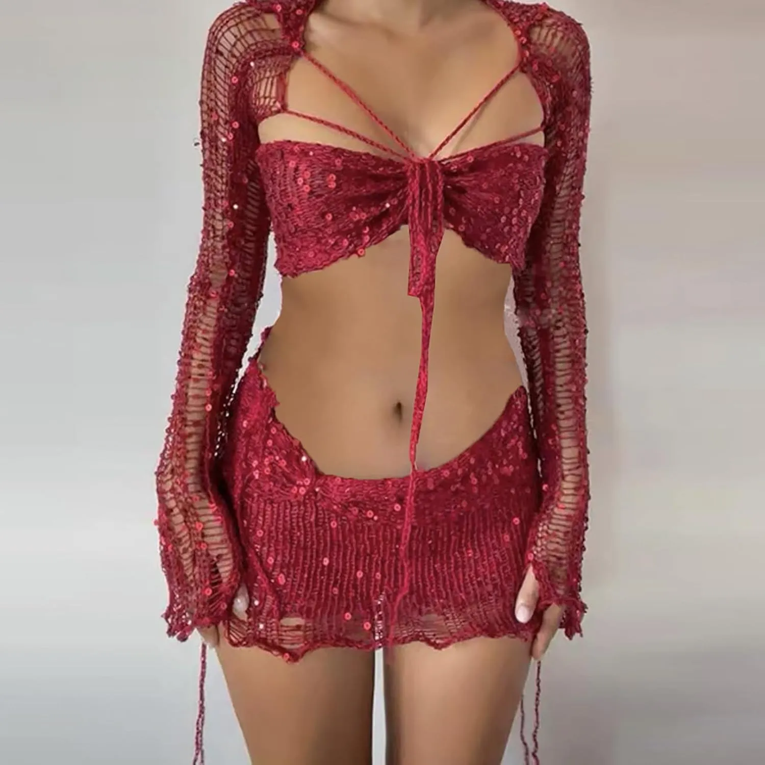Women Sequin Skirt And Crochet Tops Set Y2k Knitted Mesh Crop Tops Sexy Sparkle Mini Short Skirt 2 Piece Outfits