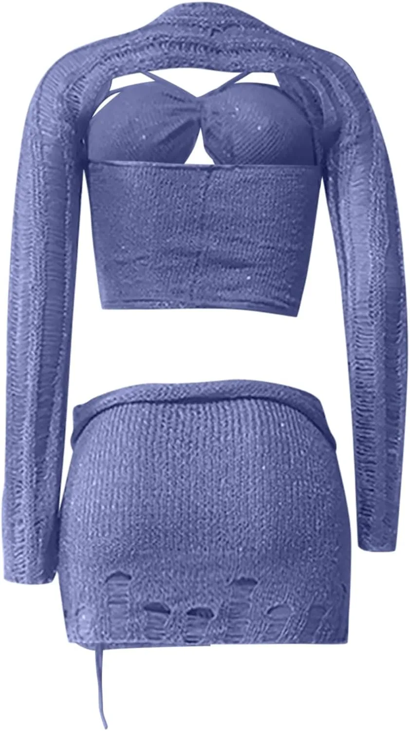 Women Sequin Skirt And Crochet Tops Set Y2k Knitted Mesh Crop Tops Sexy Sparkle Mini Short Skirt 2 Piece Outfits