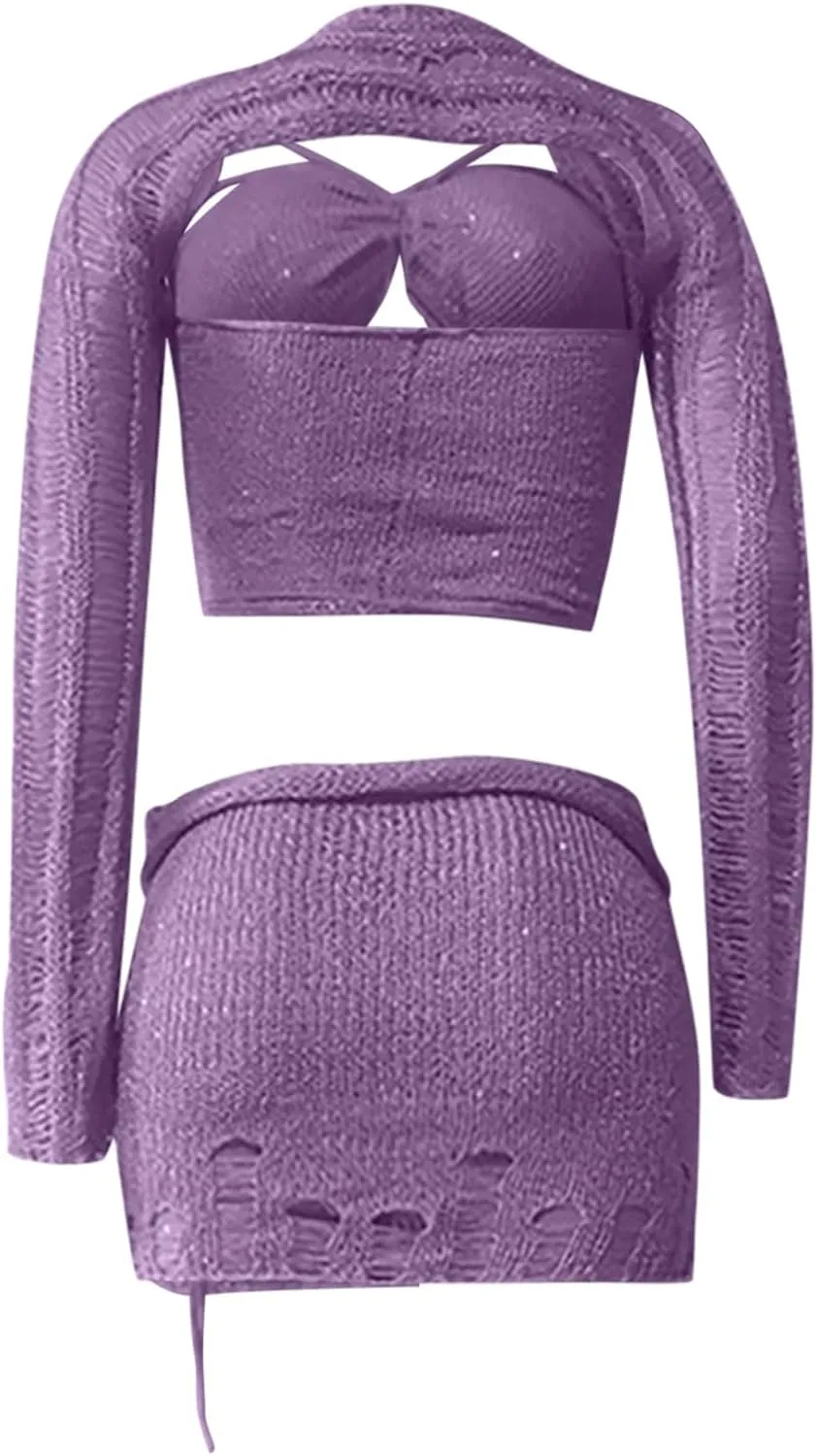 Women Sequin Skirt And Crochet Tops Set Y2k Knitted Mesh Crop Tops Sexy Sparkle Mini Short Skirt 2 Piece Outfits