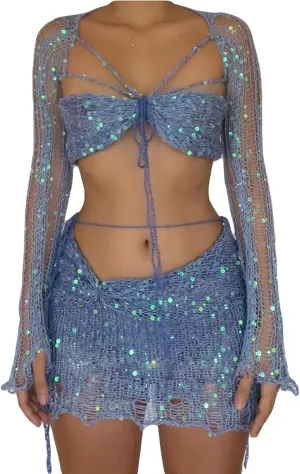 Women Sequin Skirt And Crochet Tops Set Y2k Knitted Mesh Crop Tops Sexy Sparkle Mini Short Skirt 2 Piece Outfits