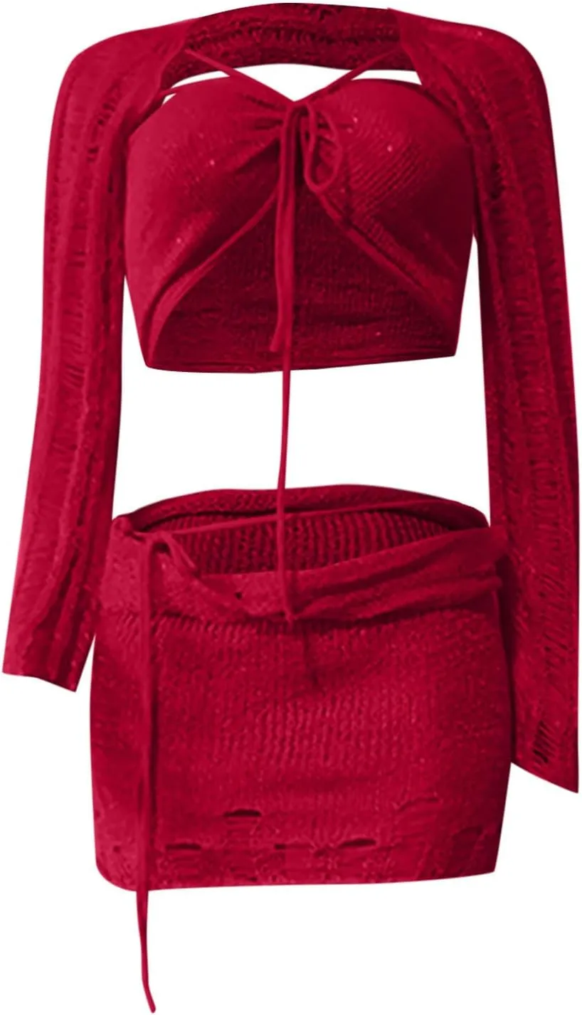 Women Sequin Skirt And Crochet Tops Set Y2k Knitted Mesh Crop Tops Sexy Sparkle Mini Short Skirt 2 Piece Outfits
