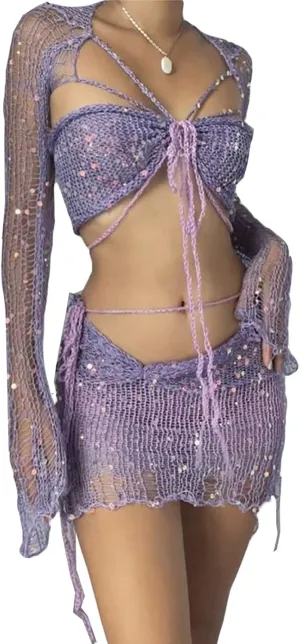 Women Sequin Skirt And Crochet Tops Set Y2k Knitted Mesh Crop Tops Sexy Sparkle Mini Short Skirt 2 Piece Outfits