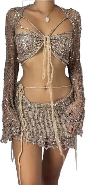 Women Sequin Skirt And Crochet Tops Set Y2k Knitted Mesh Crop Tops Sexy Sparkle Mini Short Skirt 2 Piece Outfits