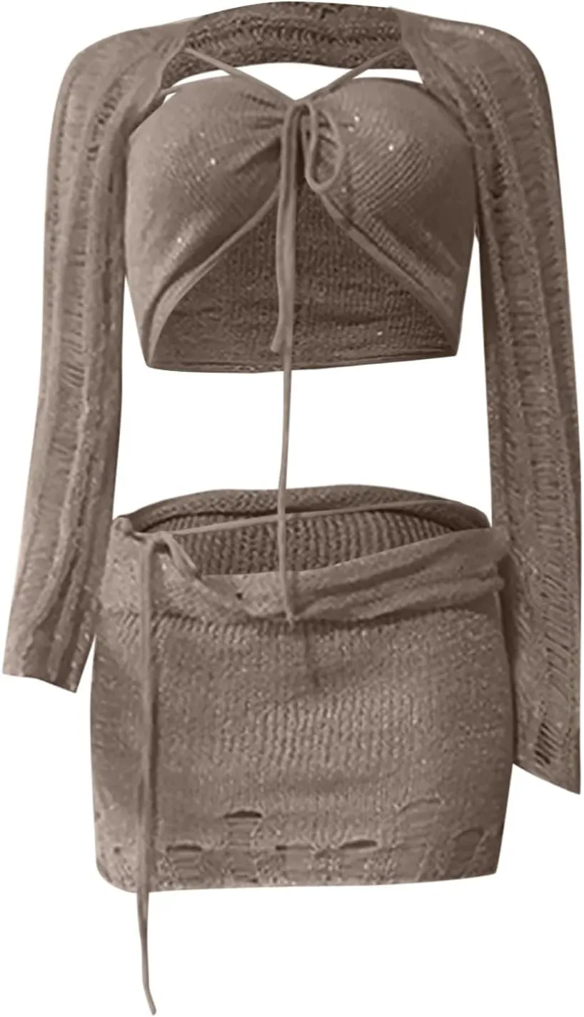 Women Sequin Skirt And Crochet Tops Set Y2k Knitted Mesh Crop Tops Sexy Sparkle Mini Short Skirt 2 Piece Outfits