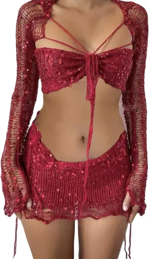 Women Sequin Skirt And Crochet Tops Set Y2k Knitted Mesh Crop Tops Sexy Sparkle Mini Short Skirt 2 Piece Outfits