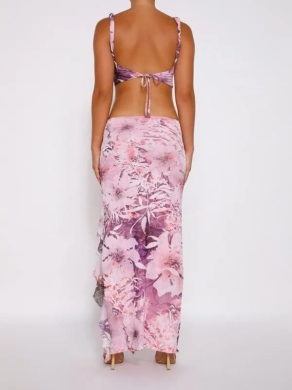 Women Sexy Two Piece Long Skirt Set Y2k Crop Cami Top Split Maxi Skirt Floral Print Outfits Summer Party Clubwear