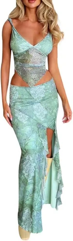 Women Sexy Two Piece Long Skirt Set Y2k Crop Cami Top Split Maxi Skirt Floral Print Outfits Summer Party Clubwear
