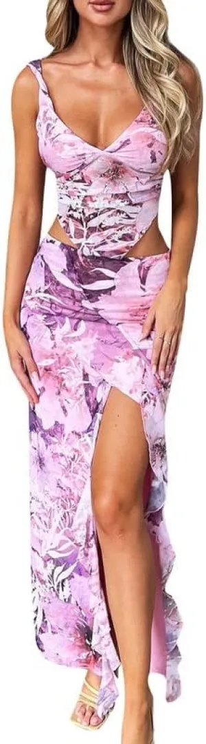 Women Sexy Two Piece Long Skirt Set Y2k Crop Cami Top Split Maxi Skirt Floral Print Outfits Summer Party Clubwear