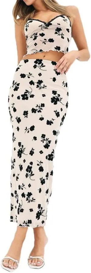 Women Sexy Two Piece Long Skirt Set Y2k Crop Cami Top Split Maxi Skirt Floral Print Outfits Summer Party Clubwear