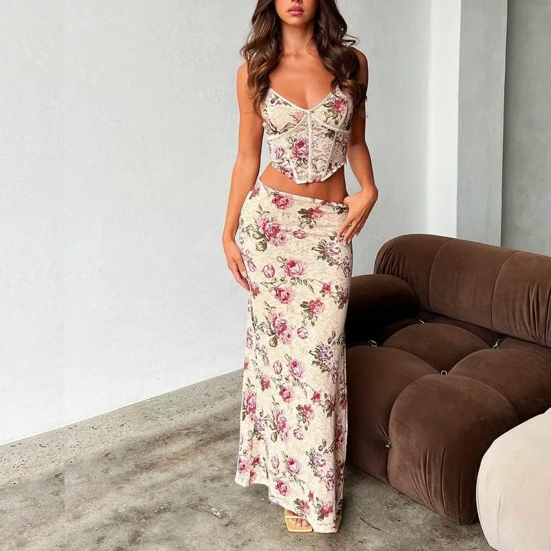 Women Sexy Two Piece Long Skirt Set Y2k Crop Cami Top Split Maxi Skirt Floral Print Outfits Summer Party Clubwear