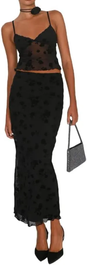 Women Sexy Two Piece Long Skirt Set Y2k Crop Cami Top Split Maxi Skirt Floral Print Outfits Summer Party Clubwear