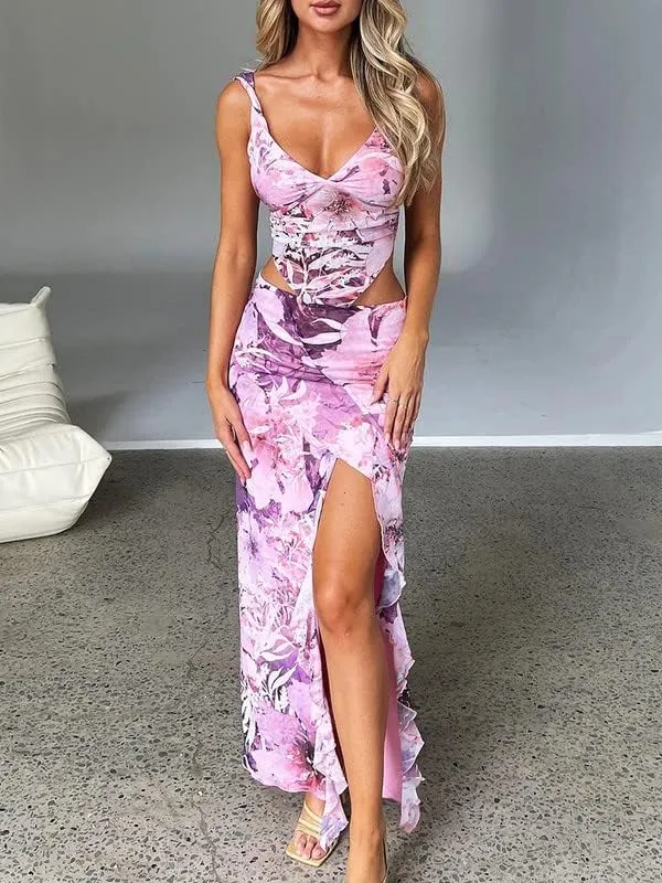 Women Sexy Two Piece Long Skirt Set Y2k Crop Cami Top Split Maxi Skirt Floral Print Outfits Summer Party Clubwear