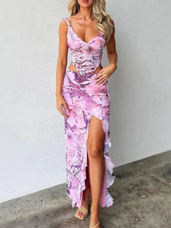 Women Sexy Two Piece Long Skirt Set Y2k Crop Cami Top Split Maxi Skirt Floral Print Outfits Summer Party Clubwear
