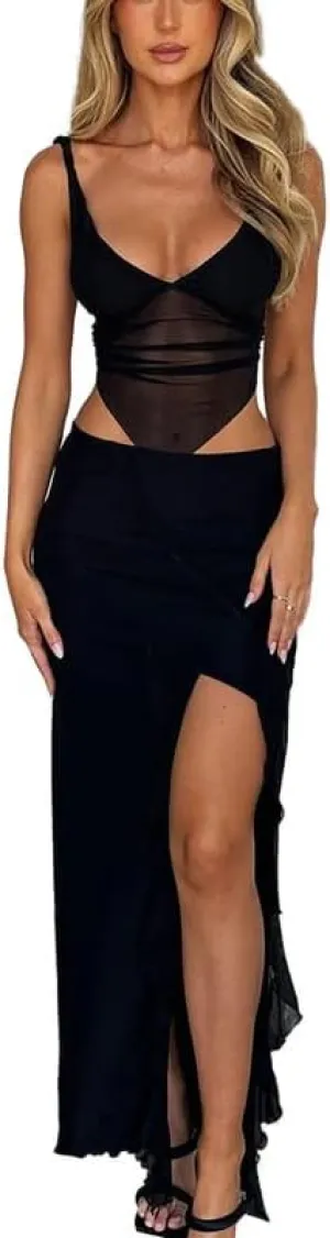 Women Sexy Two Piece Long Skirt Set Y2k Crop Cami Top Split Maxi Skirt Floral Print Outfits Summer Party Clubwear
