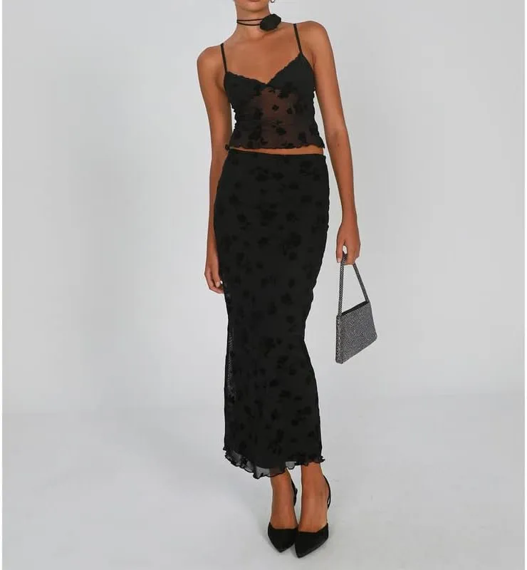 Women Sexy Two Piece Long Skirt Set Y2k Crop Cami Top Split Maxi Skirt Floral Print Outfits Summer Party Clubwear