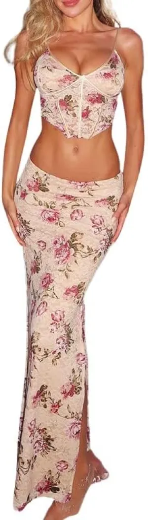Women Sexy Two Piece Long Skirt Set Y2k Crop Cami Top Split Maxi Skirt Floral Print Outfits Summer Party Clubwear