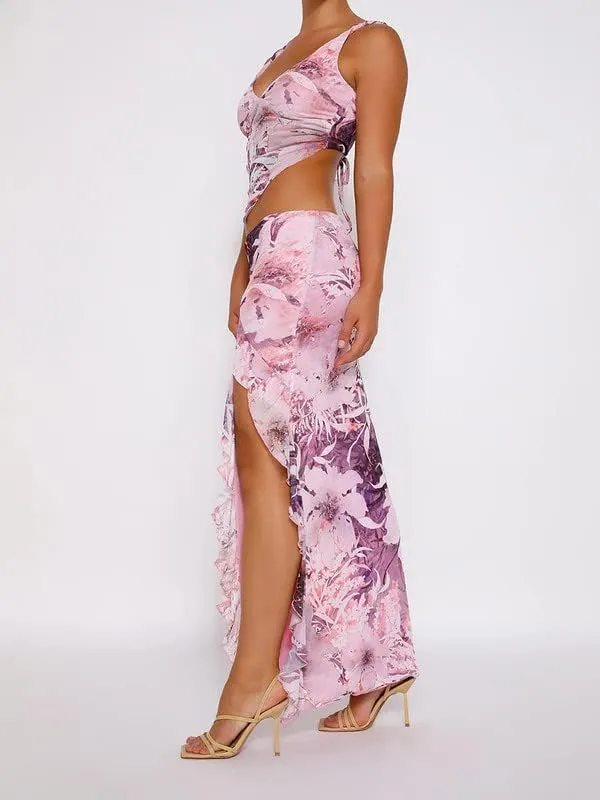 Women Sexy Two Piece Long Skirt Set Y2k Crop Cami Top Split Maxi Skirt Floral Print Outfits Summer Party Clubwear