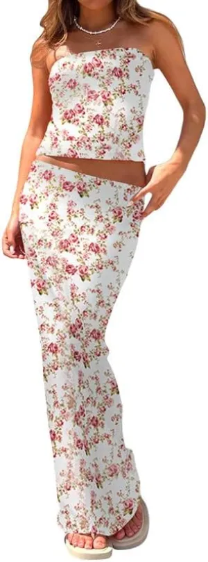 Women Sexy Two Piece Long Skirt Set Y2k Strapless Crop Tube Top Bodycon Maxi Skirt Suit Going Out Outfits Beach Wear