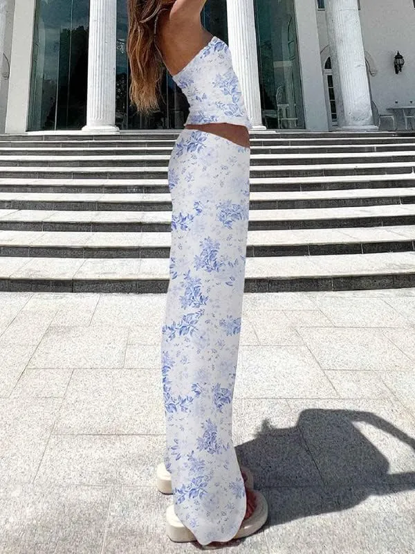 Women Sexy Two Piece Long Skirt Set Y2k Strapless Crop Tube Top Bodycon Maxi Skirt Suit Going Out Outfits Beach Wear