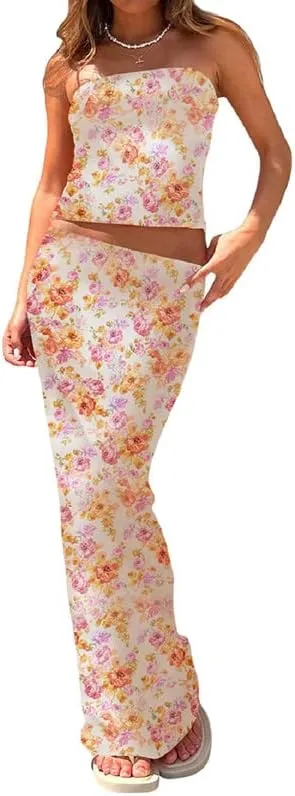 Women Sexy Two Piece Long Skirt Set Y2k Strapless Crop Tube Top Bodycon Maxi Skirt Suit Going Out Outfits Beach Wear