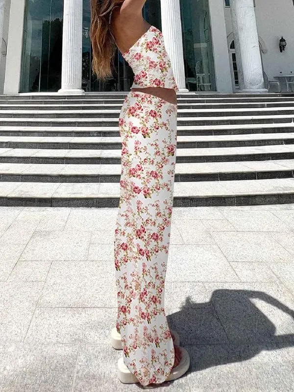 Women Sexy Two Piece Long Skirt Set Y2k Strapless Crop Tube Top Bodycon Maxi Skirt Suit Going Out Outfits Beach Wear