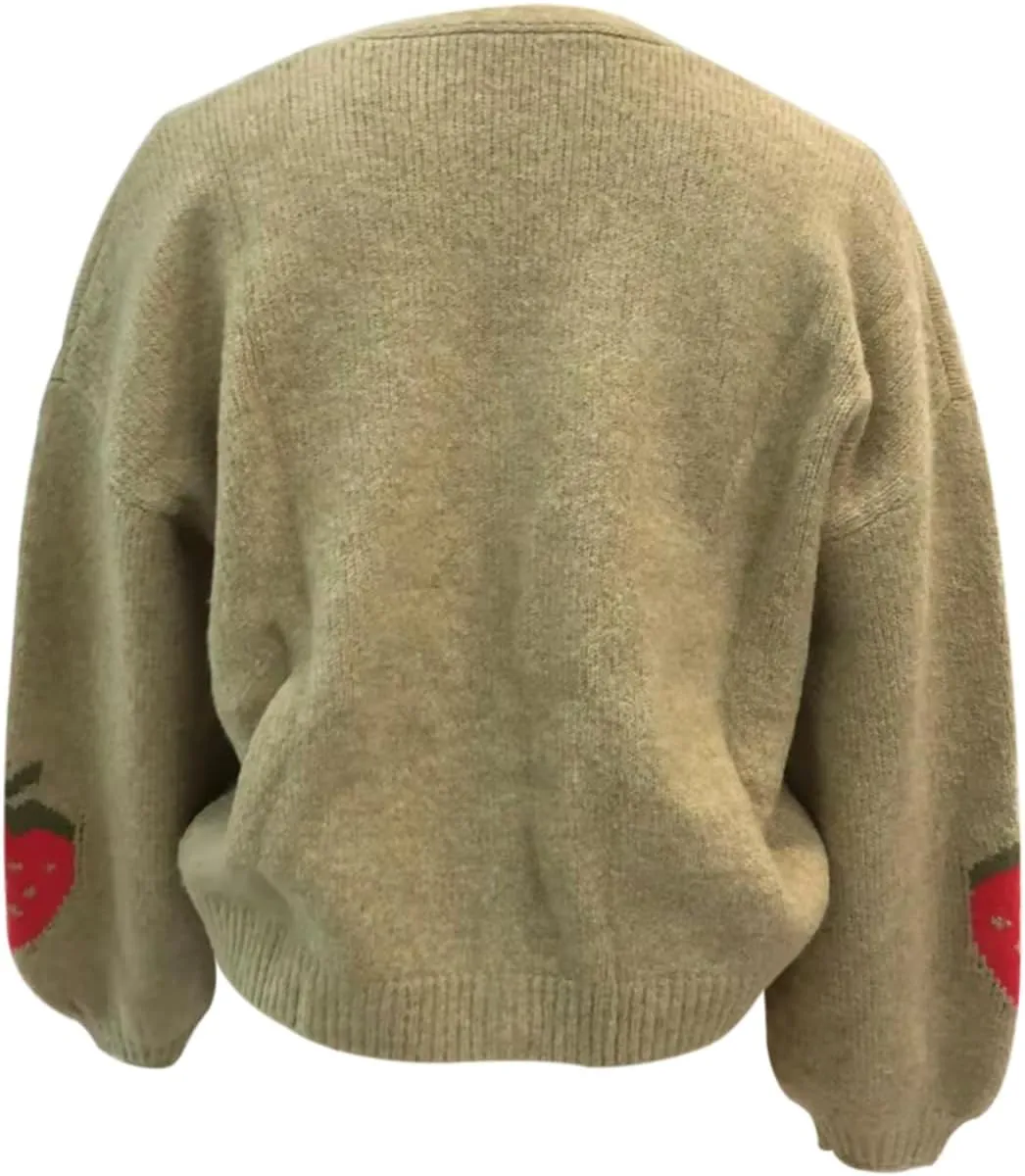 Women Strawberry Cardigan Trendy Button Down V Neck Sweater Cute Cherry Embroidered Knit Cardigan Outerwear