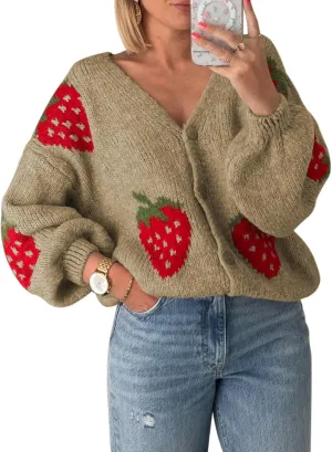 Women Strawberry Cardigan Trendy Button Down V Neck Sweater Cute Cherry Embroidered Knit Cardigan Outerwear