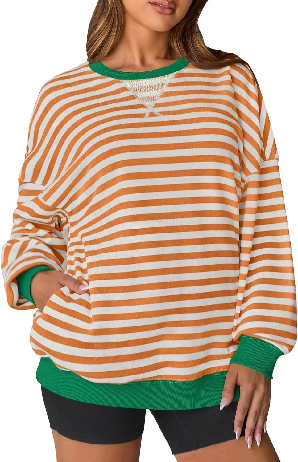 Women Striped Sweatshirts Colors Block Oversized Sweatshirt with Pockets Crewneck Sweatshirt Loose Pullover Sweaters