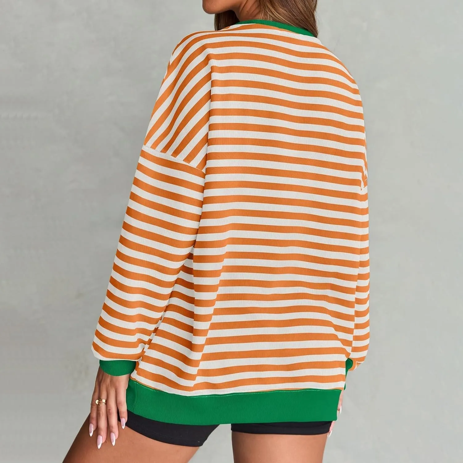 Women Striped Sweatshirts Colors Block Oversized Sweatshirt with Pockets Crewneck Sweatshirt Loose Pullover Sweaters
